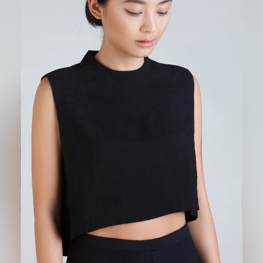 Kaarem Wind Chime Silk Raised Collar Cropped Top